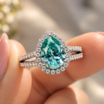 Pear Moissanite Split Shank Pave Halo Engagement Ring, Cyan Blue Moissanite Wedding Ring, Yellow/White/Rose Gold Ring for Her, Promise Ring
