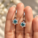 Round Moissanite Hoop Style Cluster Earrings for Her, Dangle Drop Wedding Earrings, Earlobe Earrings for Gift, Cyan Blue Moissanite Earrings