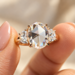 Oval Rose Cut Moissanite 3 Stone Engagement Ring with Half Moon, Flat Cut Moissanite Wedding Ring, Comfort Fit Ring for Her, Vintage Style