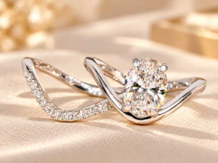Close side view of oval diamond ring and curved pavé band