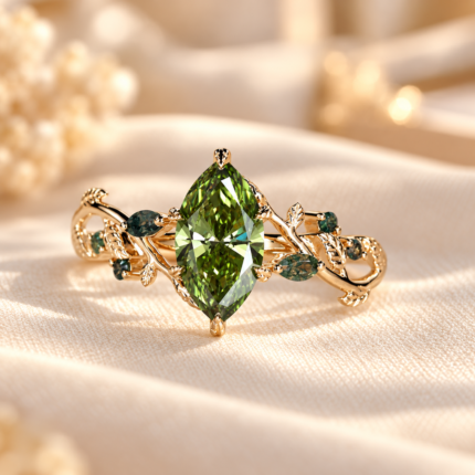 Green marquise moss agate ring with a green center diamond and botanical gold tone band, front view