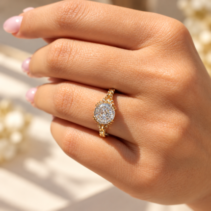 Portuguese moissanite engagement ring worn beside a manicure