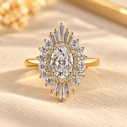 Front studio view of oval lab grown diamond sunburst engagement ring
